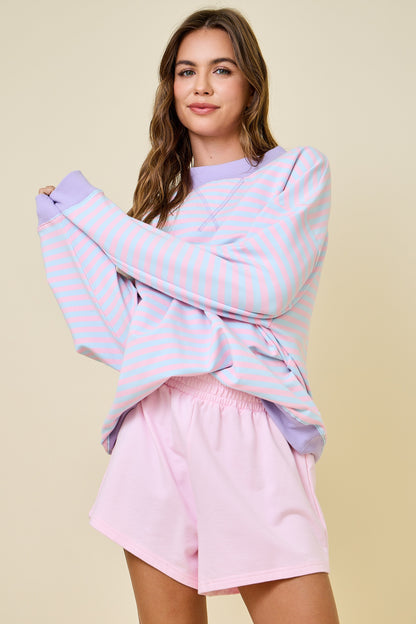 Mock neck striped terry lounge sweatshirt from Annie Frost boutique in Wapakoneta Ohio, trendy colorful women’s comfy sweatshirt