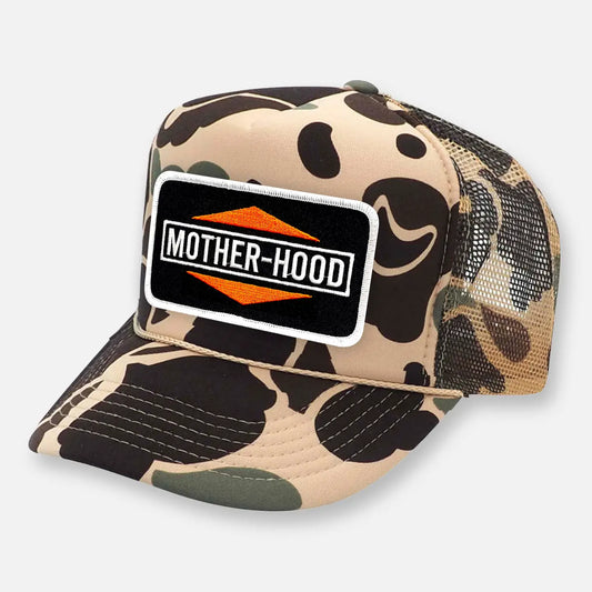 Camo trucker hat with Mother Trucker graphic and adjustable snapback closure
