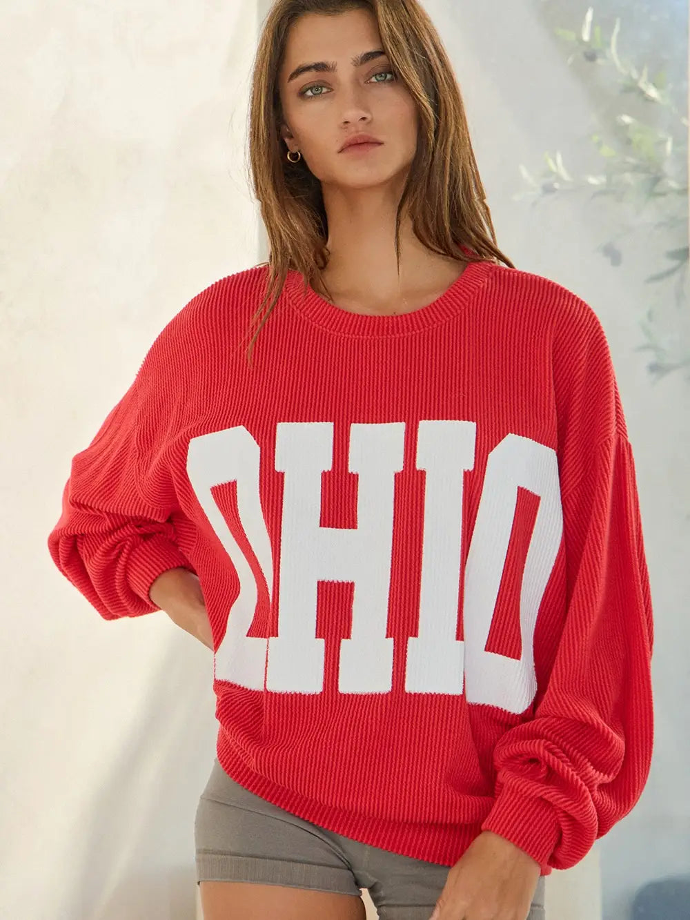 Red ribbed oversized OHIO sweatshirt with drop shoulders and bold front graphic