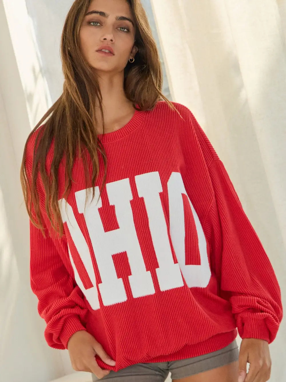 Red ribbed oversized OHIO sweatshirt with drop shoulders and bold front graphic