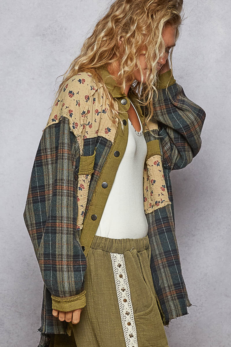 Olive multi patchwork shacket with plaid and floral double gauze panels in oversized relaxed fit