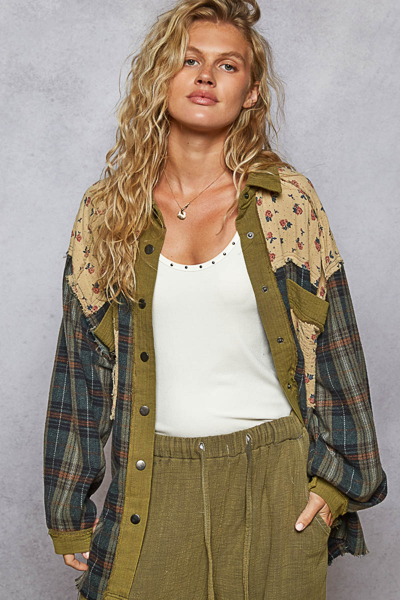 Olive multi patchwork shacket with plaid and floral double gauze panels in oversized relaxed fit