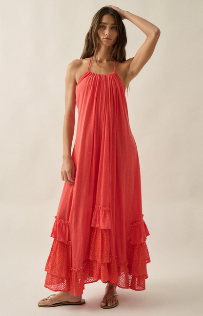 Cotton gauze halter maxi dress with crochet lace, smocked bodice, open back, and tiered ruffle hem