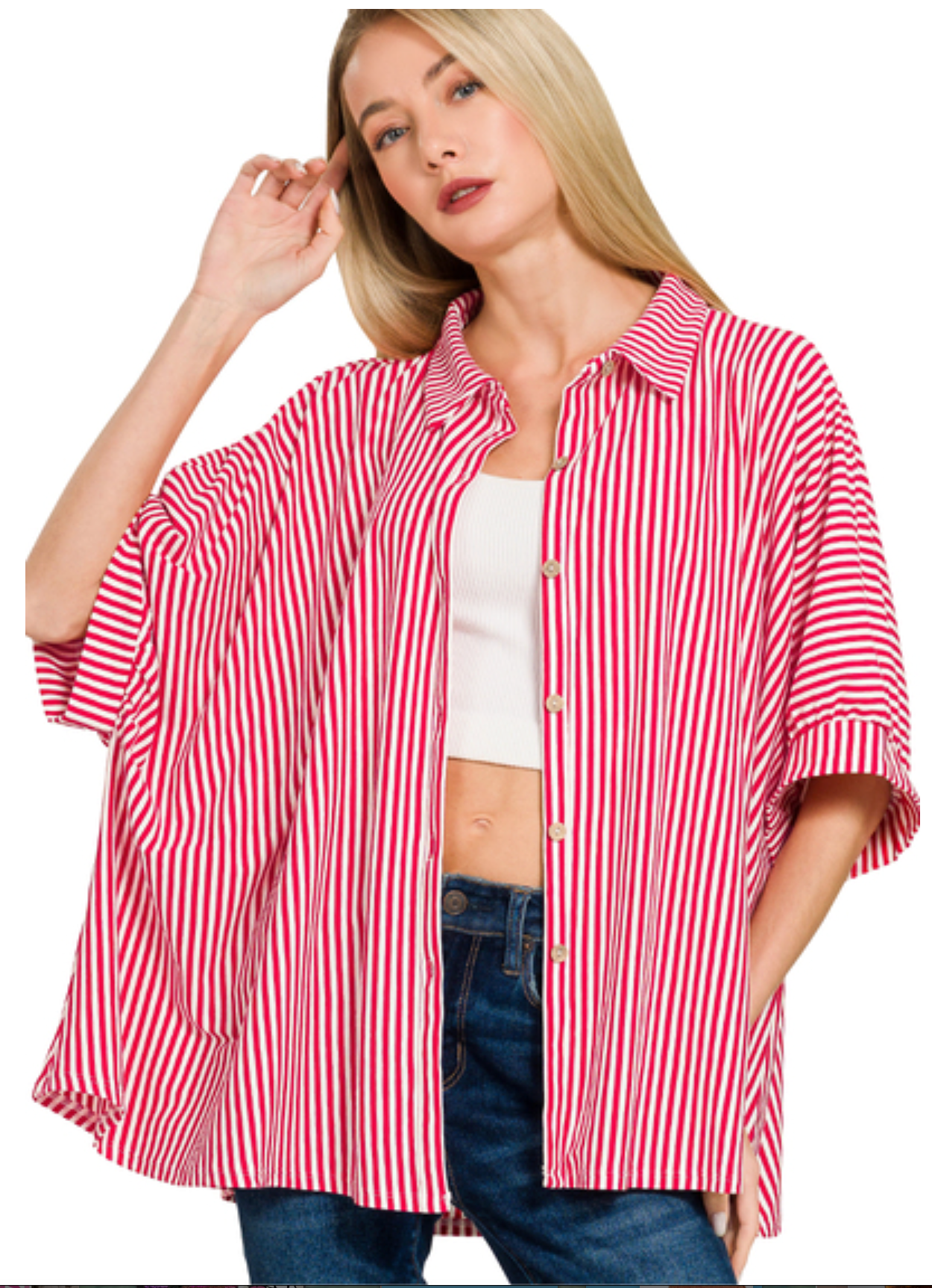 Oversized striped button down shirt with stretch knit fabric and relaxed fit