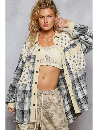 Natural multi-color patchwork plaid shacket with gauze floral panels and oversized fit