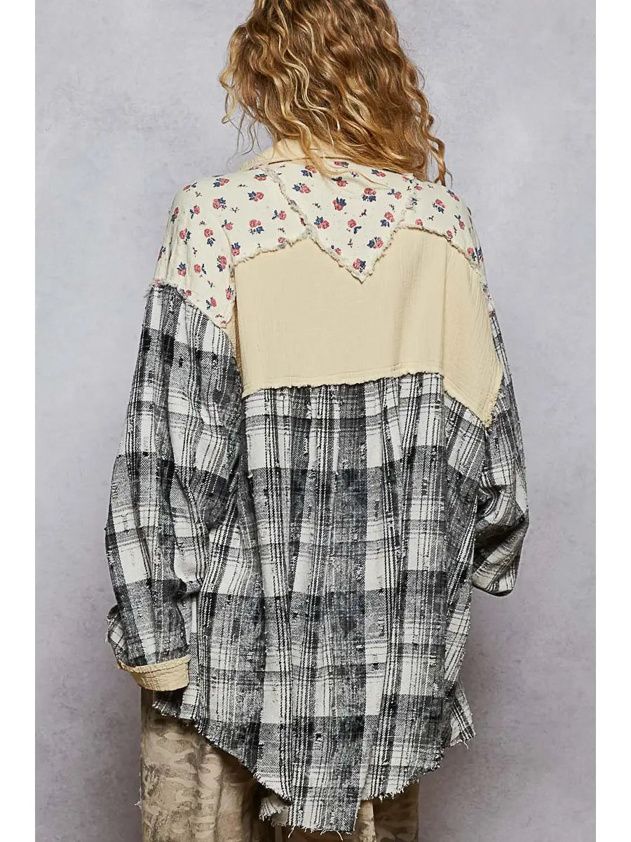 Natural multi-color patchwork plaid shacket with gauze floral panels and oversized fit