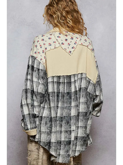 Natural multi-color patchwork plaid shacket with gauze floral panels and oversized fit