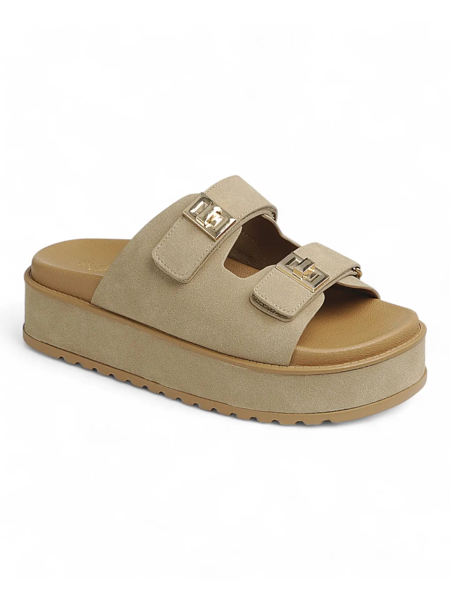 Neutral taupe platform sandals with cushioned sole and slip-on everyday comfort fit