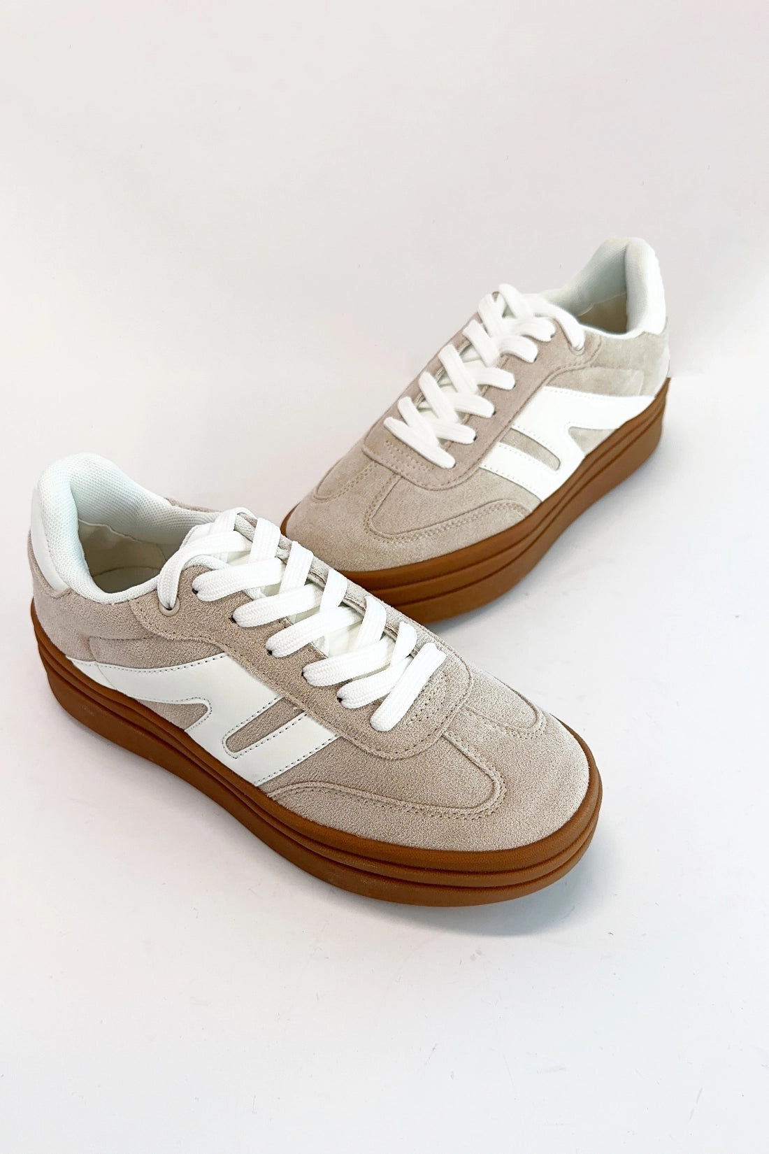 Beige and white Ophelia Platform Sneakers with faux patent upper, mixed-media details, and a color-block platform sole