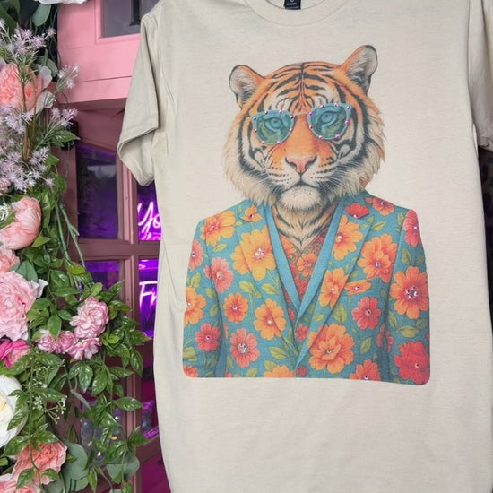 Rhinestone tiger graphic tee with floral tuxedo and glasses on sand Gildan Softstyle shirt from Frost Impressions Boutique
