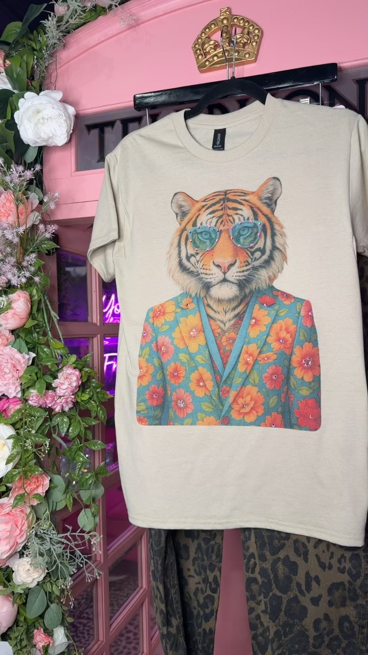 Rhinestone tiger graphic tee with floral tuxedo and glasses on sand Gildan Softstyle shirt from Frost Impressions Boutique