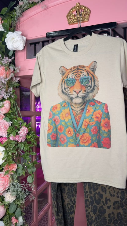 Rhinestone tiger graphic tee with floral tuxedo and glasses on sand Gildan Softstyle shirt from Frost Impressions Boutique