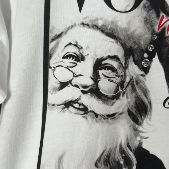 Vogue Santa holiday graphic tee with festive DTG print and sparkling stone accents — Vogue Santa Tee from Frost Impressions Boutique.