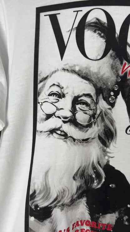 Vogue Santa holiday graphic tee with festive DTG print and sparkling stone accents — Vogue Santa Tee from Frost Impressions Boutique.