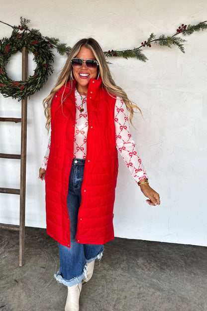 Red Long Puffer Vest