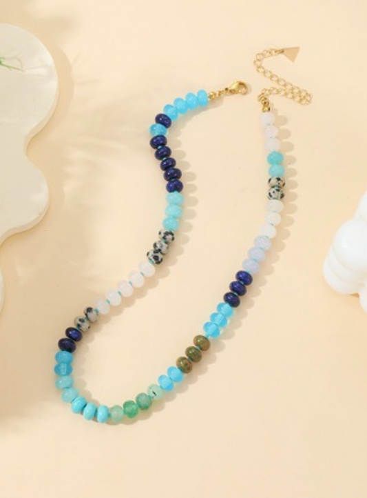 Colorful gemstone bead necklace in assorted mixes including blue, pastel, and bright multicolor styles