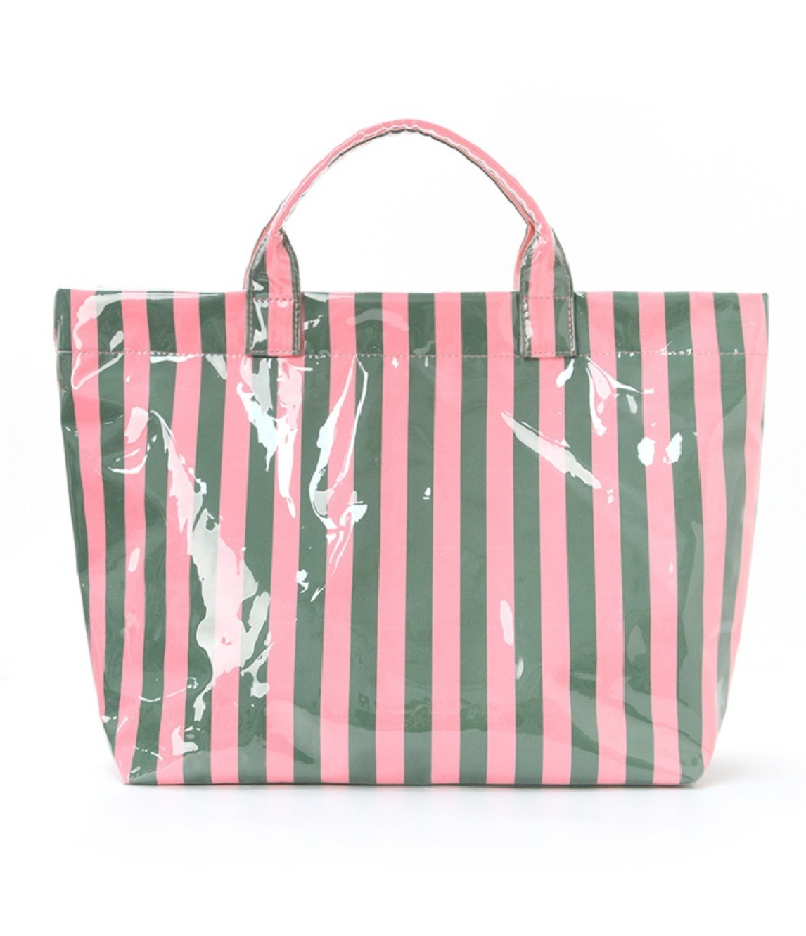 Pink and green striped PVC tote bag with waterproof finish and zipper pocket