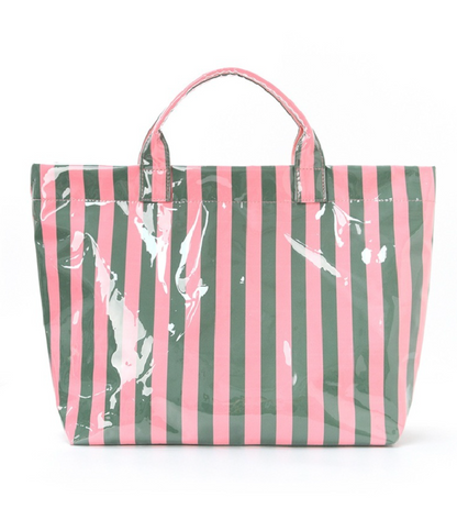 Pink and green striped PVC tote bag with waterproof finish and zipper pocket