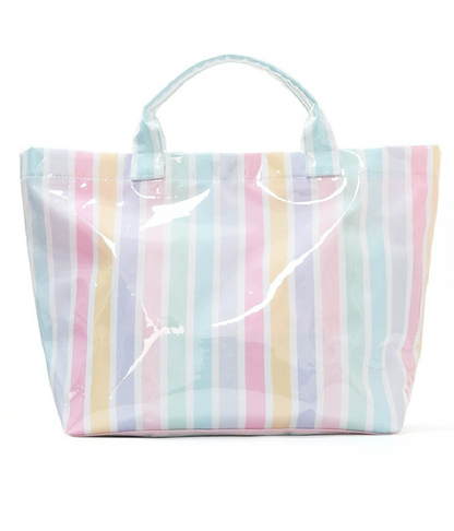Rainbow striped PVC tote bag with large capacity, waterproof design, and zipper pocket