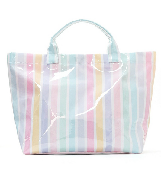 Rainbow striped PVC tote bag with large capacity, waterproof design, and zipper pocket