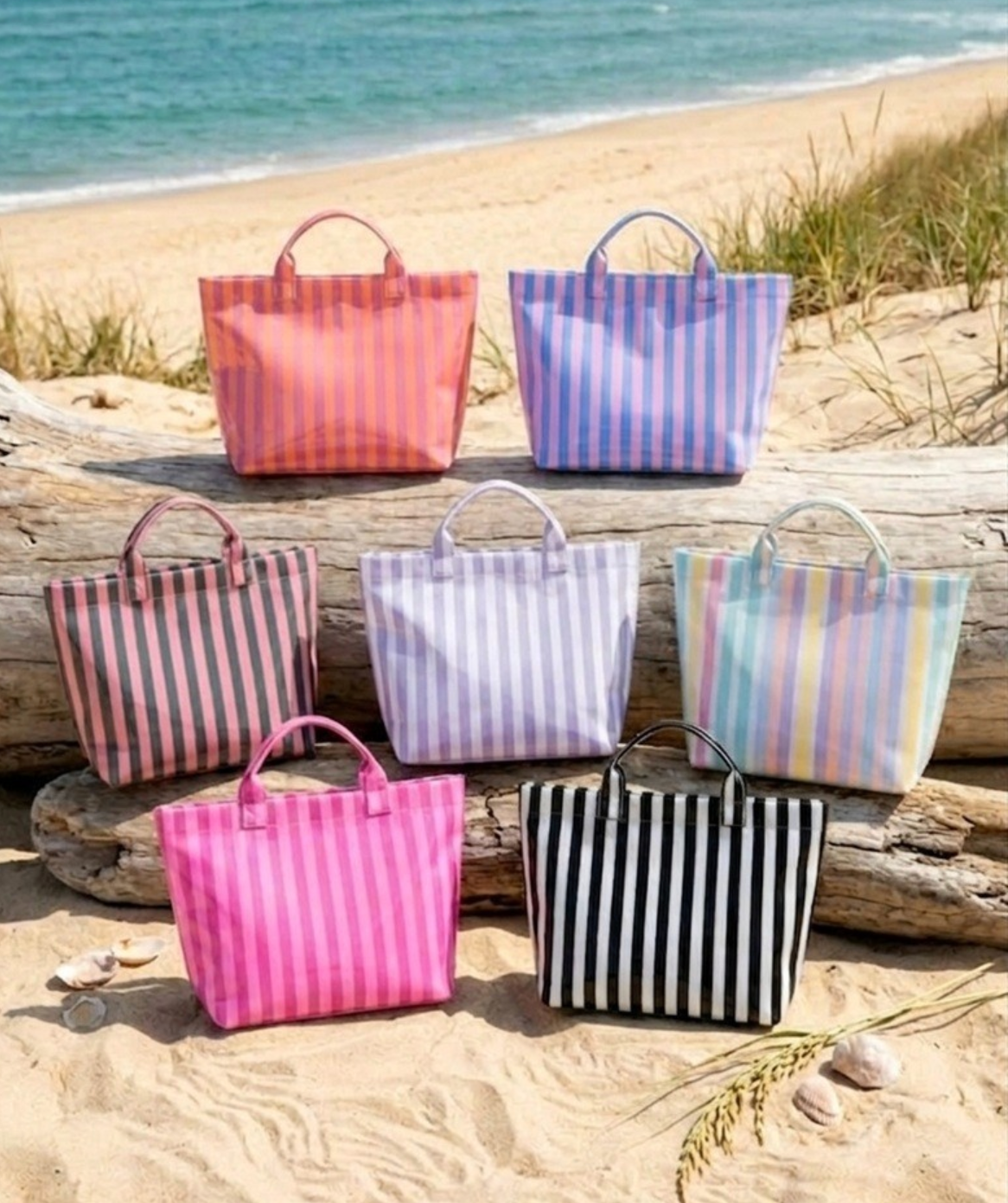 Black and white striped PVC tote bag with large capacity, waterproof finish, and zipper pocket