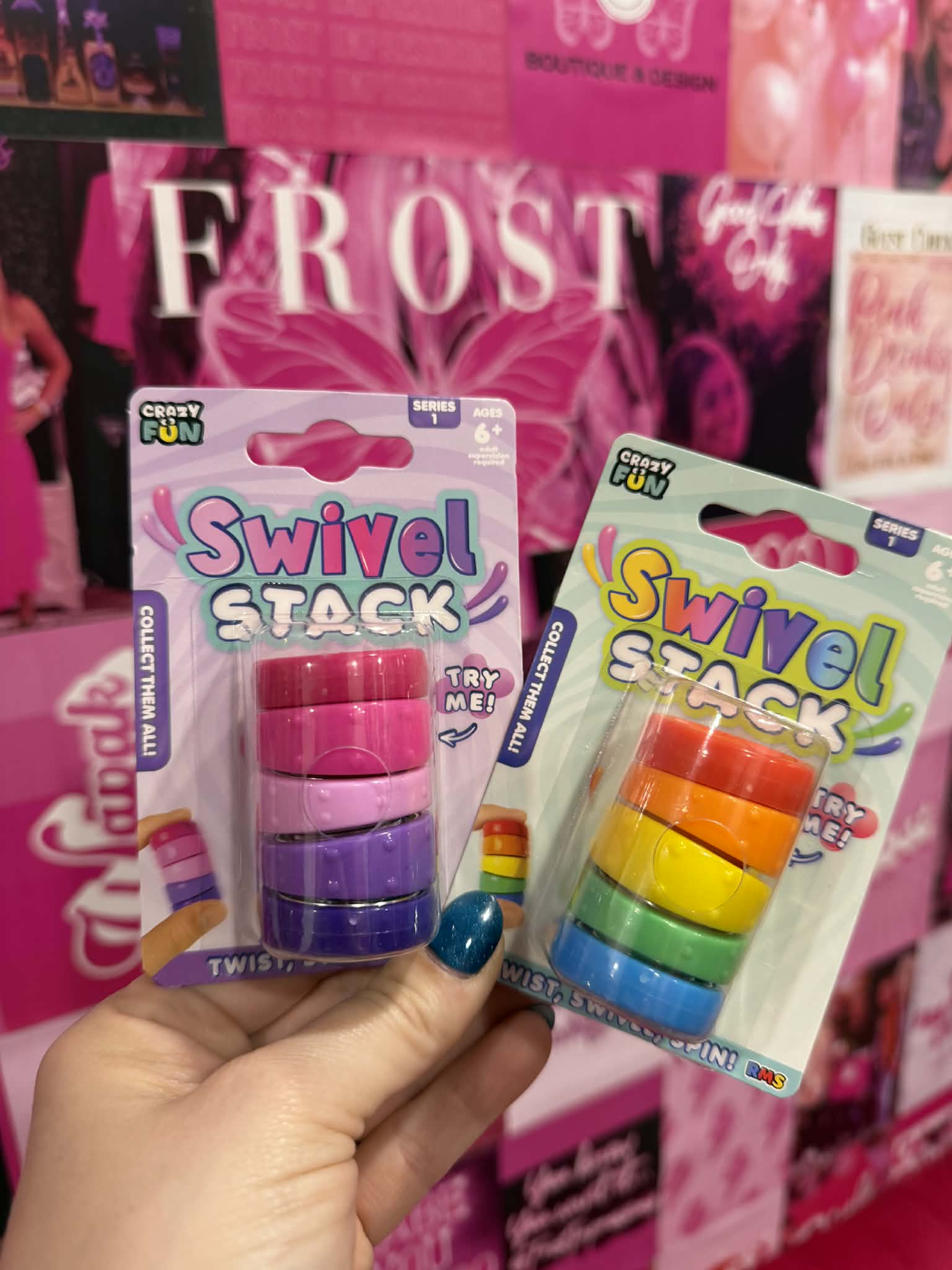 Colorful swivel stacking sensory toy with rotating pieces available in two color styles