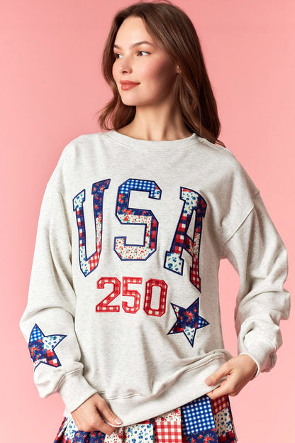 French terry sweatshirt with USA and star patchwork embroidery, long sleeves, and relaxed fit