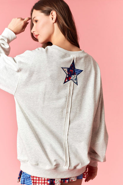 French terry sweatshirt with USA and star patchwork embroidery, long sleeves, and relaxed fit