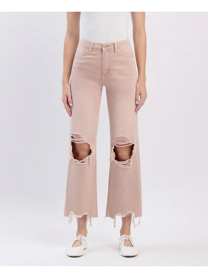 90s vintage inspired super high rise crop flare jeans with distressed detail and raw hem