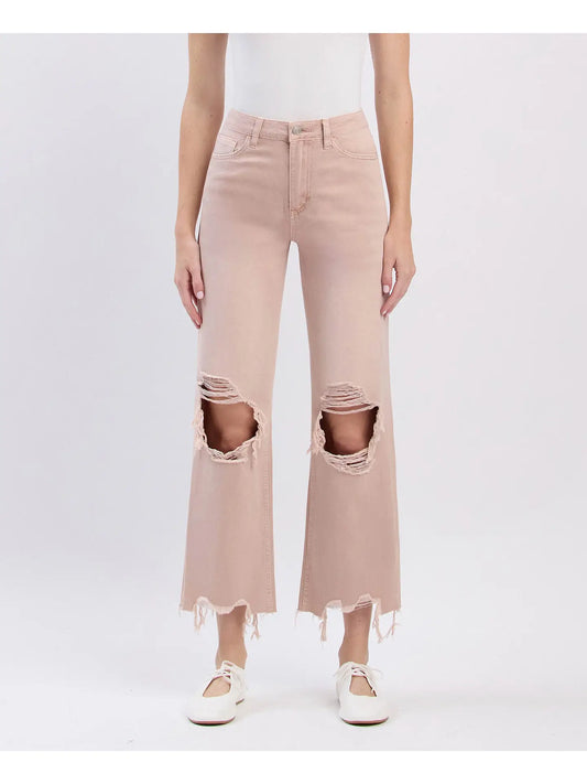 90s vintage inspired super high rise crop flare jeans with distressed detail and raw hem