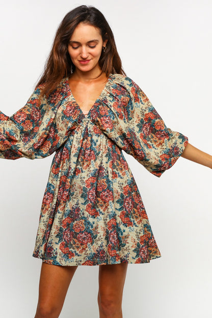 Rust vintage floral babydoll dress with dolman bubble sleeves from Frost Impressions Boutique Wapakoneta Ohio