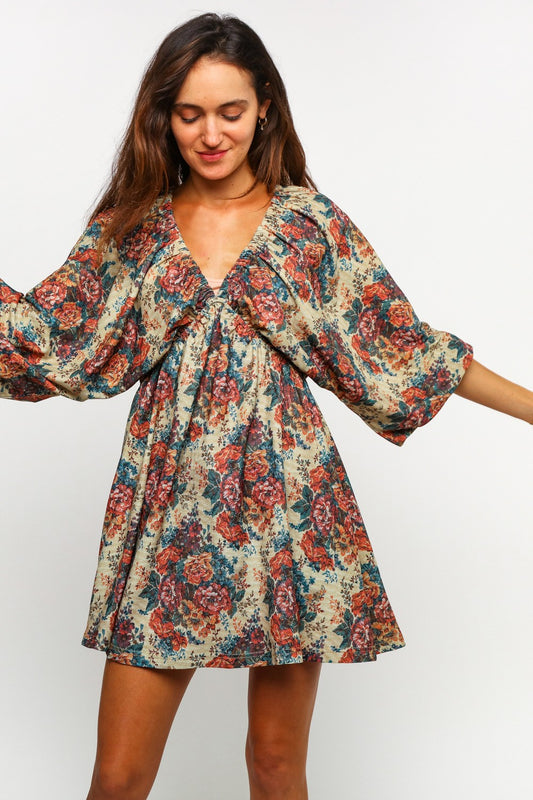 Rust vintage floral babydoll dress with dolman bubble sleeves from Frost Impressions Boutique Wapakoneta Ohio