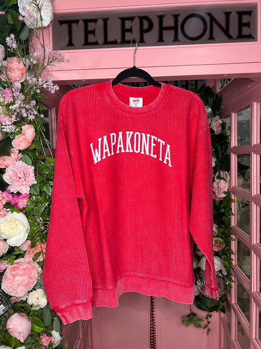 Wapakoneta Corded Crew — faded red long sleeve corded sweatshirt from Frost Impressions Boutique in Wapakoneta, Ohio.