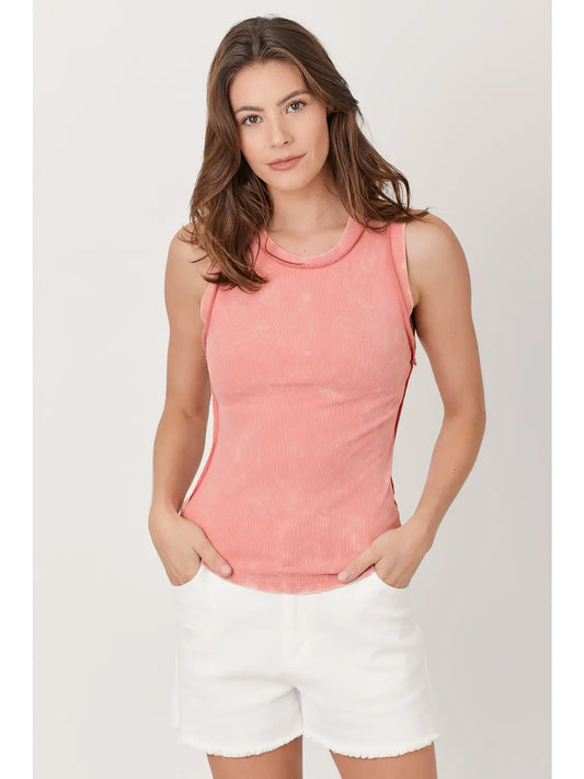 Washed ribbed tank top with hi-lo hem, round neck, and fitted everyday style in multiple colors