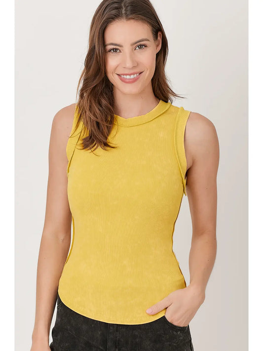 Washed ribbed tank top with hi-lo hem, round neck, and fitted everyday style in multiple colors