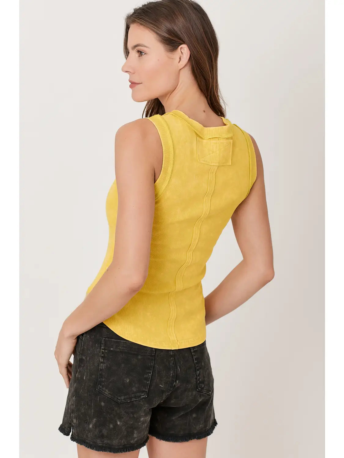 Washed ribbed tank top with hi-lo hem, round neck, and fitted everyday style in multiple colors