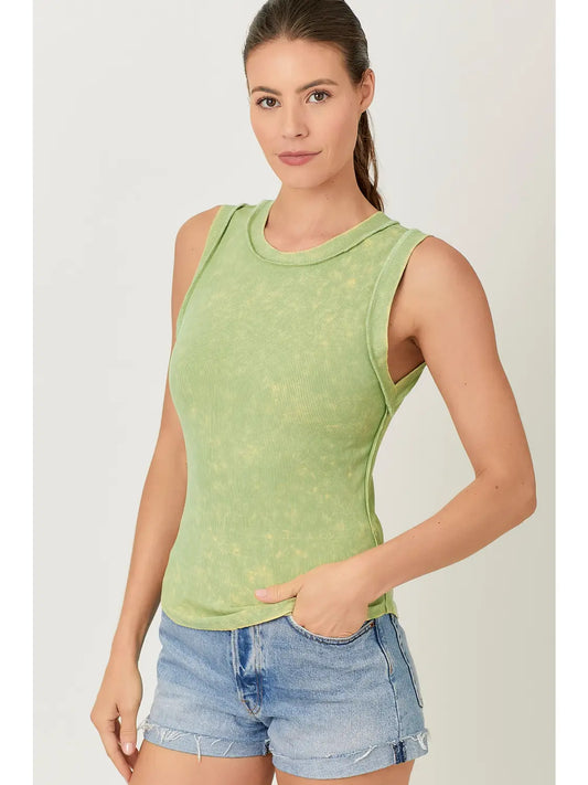 Washed ribbed tank top with hi-lo hem, round neck, and fitted everyday style in multiple colors