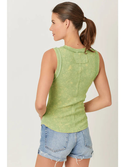 Washed ribbed tank top with hi-lo hem, round neck, and fitted everyday style in multiple colors