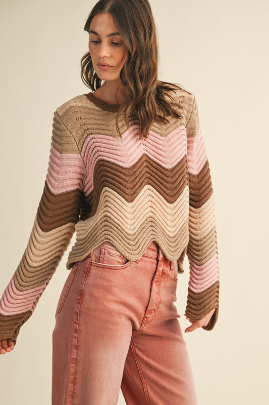 Coastal Wave Sweater Top with multicolor wave pattern, pointelle knit texture, long sleeves, round neck, and cropped length.