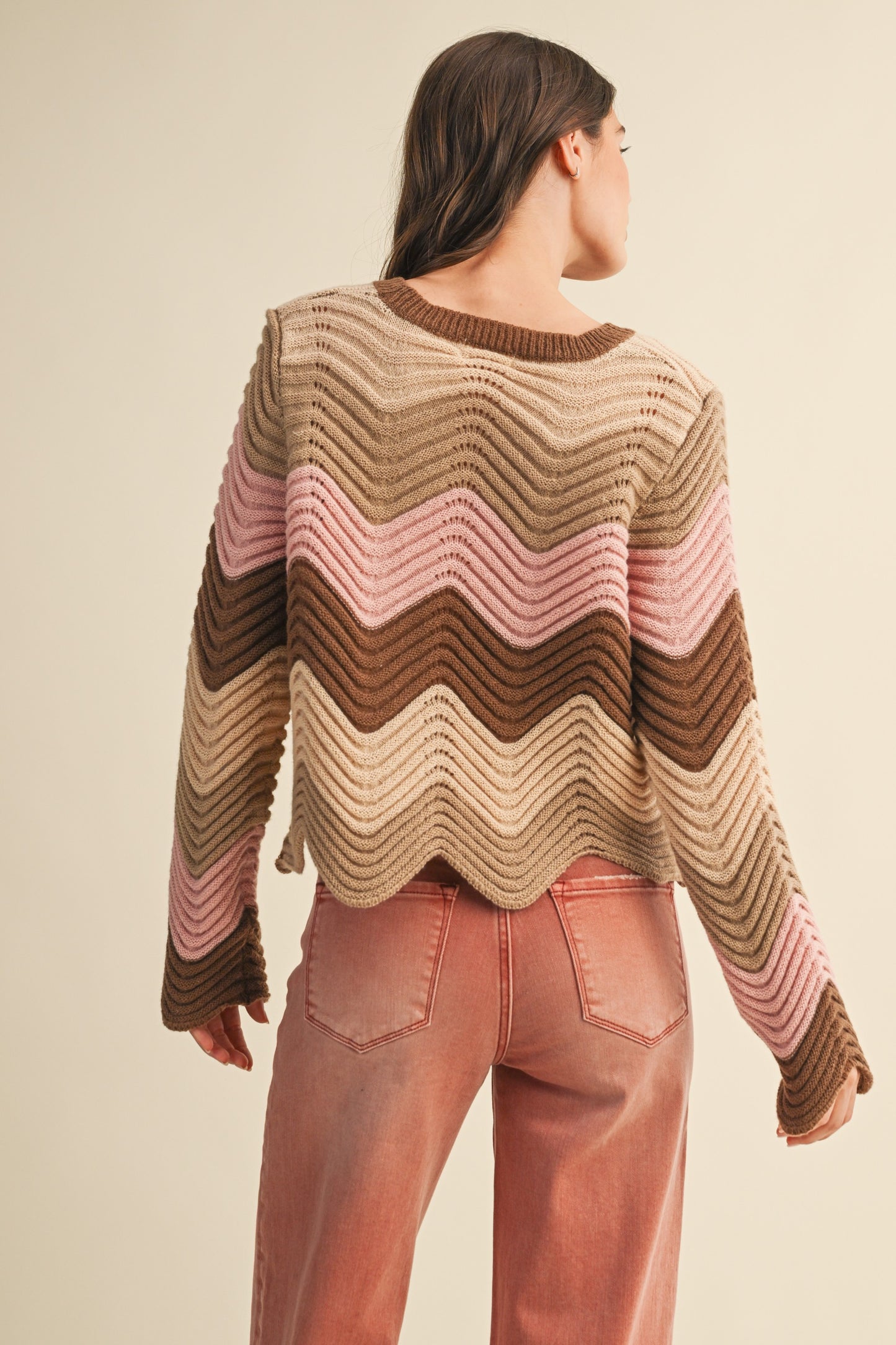 Coastal Wave Sweater Top with multicolor wave pattern, pointelle knit texture, long sleeves, round neck, and cropped length.