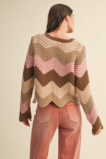 Coastal Wave Sweater Top with multicolor wave pattern, pointelle knit texture, long sleeves, round neck, and cropped length.